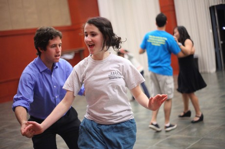 Senior Stephen Hudec and sophomore Camille DeMars strut their stuff on the dance floor in the Fiesta Room. The Swing Bums host a free social dance every Tuesday from 9-11 p.m. in the Fiesta Room. Photo by Anh-Viet Dinh.