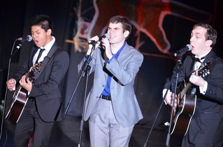 The Daytrippers, sophomores Victor Vo, Mason Walker and Reagan Wilkins, perform "Skyfall" by Adele at Spotlight. The band is organizing the third Rooftopalooza at 9:07 p.m. Friday, April 26, on McLean Roof. Photo by Jennie Ran.