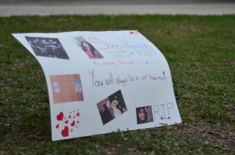 One of two posters present at the student-led memorial service held on Tuesday features photos of Sheena's time at trinity. They are now on display in the Coates University Center. Photo by Matthew Brink.